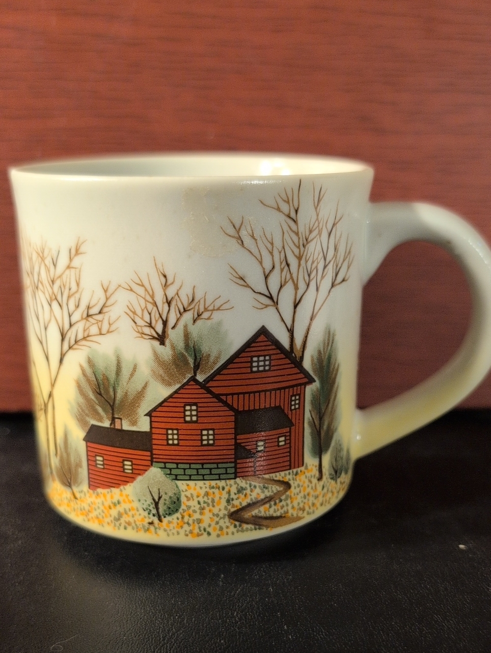 Vintage Otagiri Ceramic Autumnal Cabin Rustic Cottage Farm Scene Coffee Cup Mug